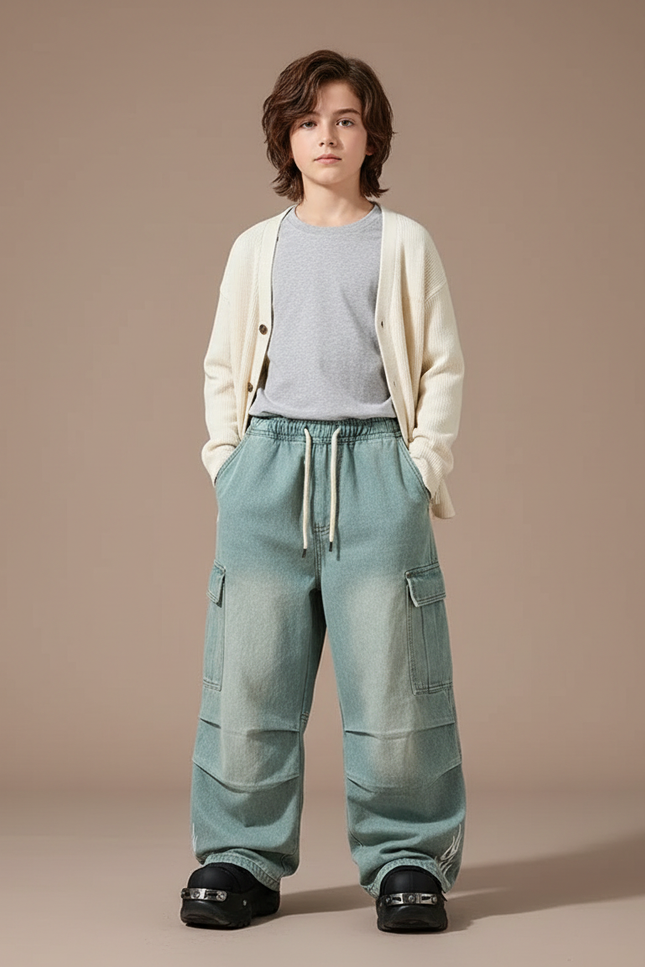 Pantalon Parachute Bleu Délavé Cargo Ample Enfant - Jean