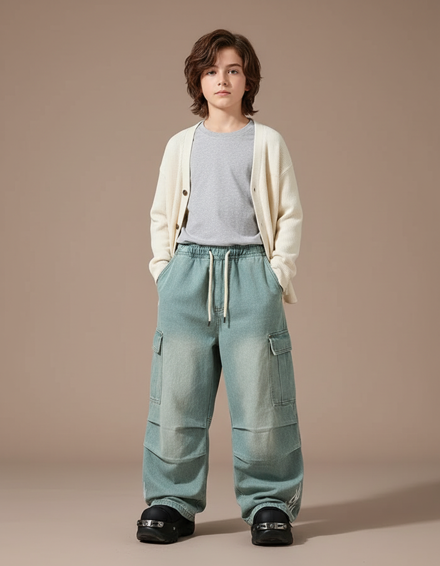 Pantalon Parachute Bleu Délavé Cargo Ample Enfant - Jean