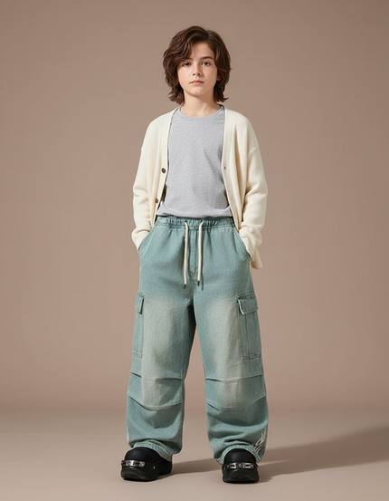 Pantalon Parachute Bleu Délavé Cargo Ample Enfant - Jean