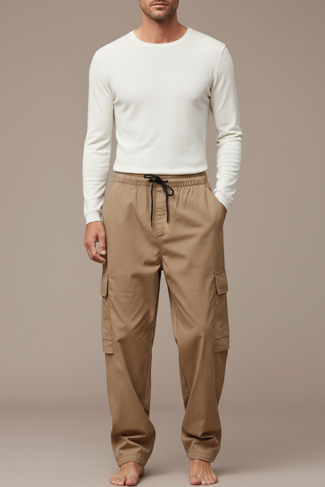 Pantalon Parachute Kaki Cargo Lâche Décontracté Cordon Homme - Coton