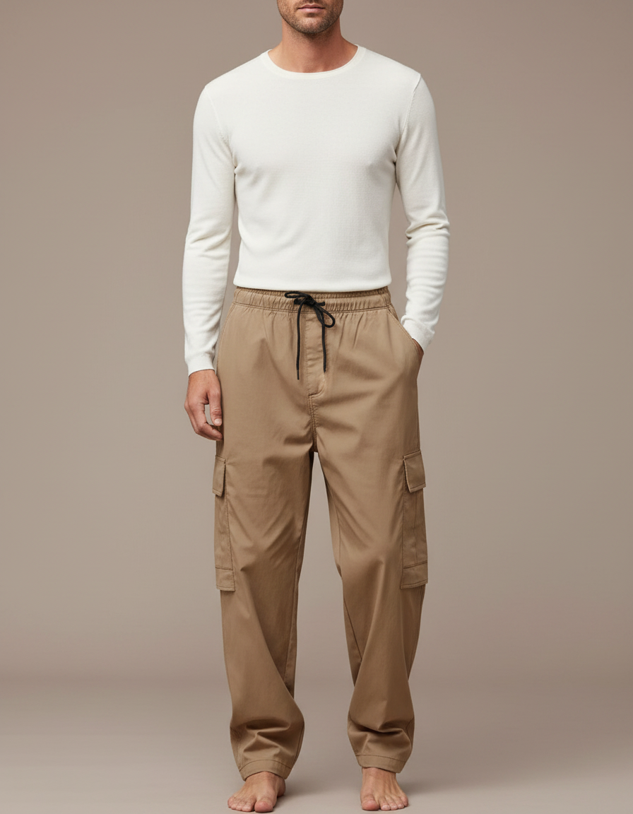 Pantalon Parachute Kaki Cargo Lâche Décontracté Cordon Homme - Coton