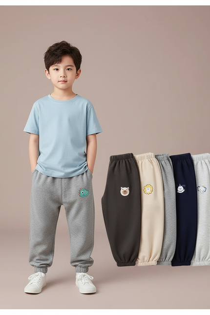 Pantalon Parachute Gris Molletonné Brodé Décontracté Enfant