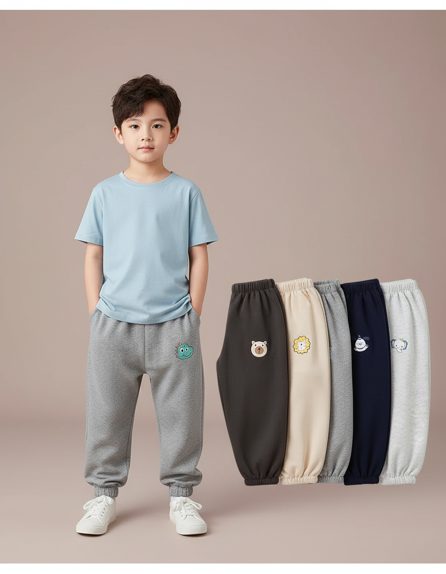 Pantalon Parachute Gris Molletonné Brodé Décontracté Enfant