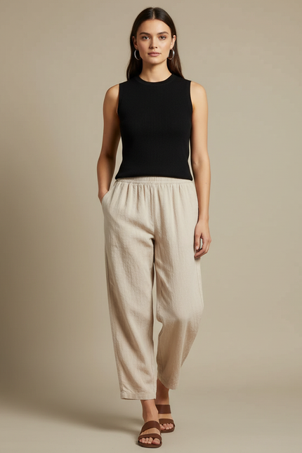 Pantalon Parachute Femme Beige Taille Elastique - Lin
