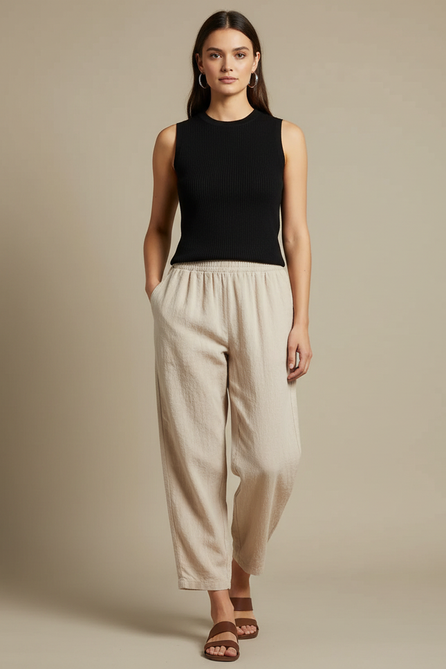 Pantalon Parachute Femme Beige Taille Elastique - Lin