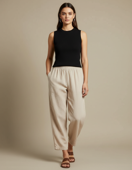 Pantalon Parachute Femme Beige Taille Elastique - Lin