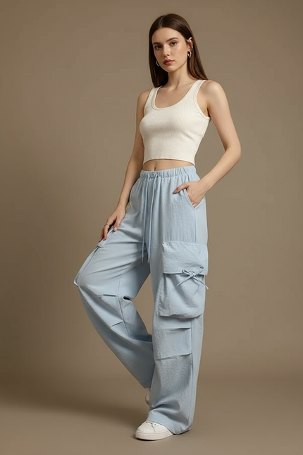 Pantalon Parachute Bleu Clair Cargo Ample Décontracté - Coton