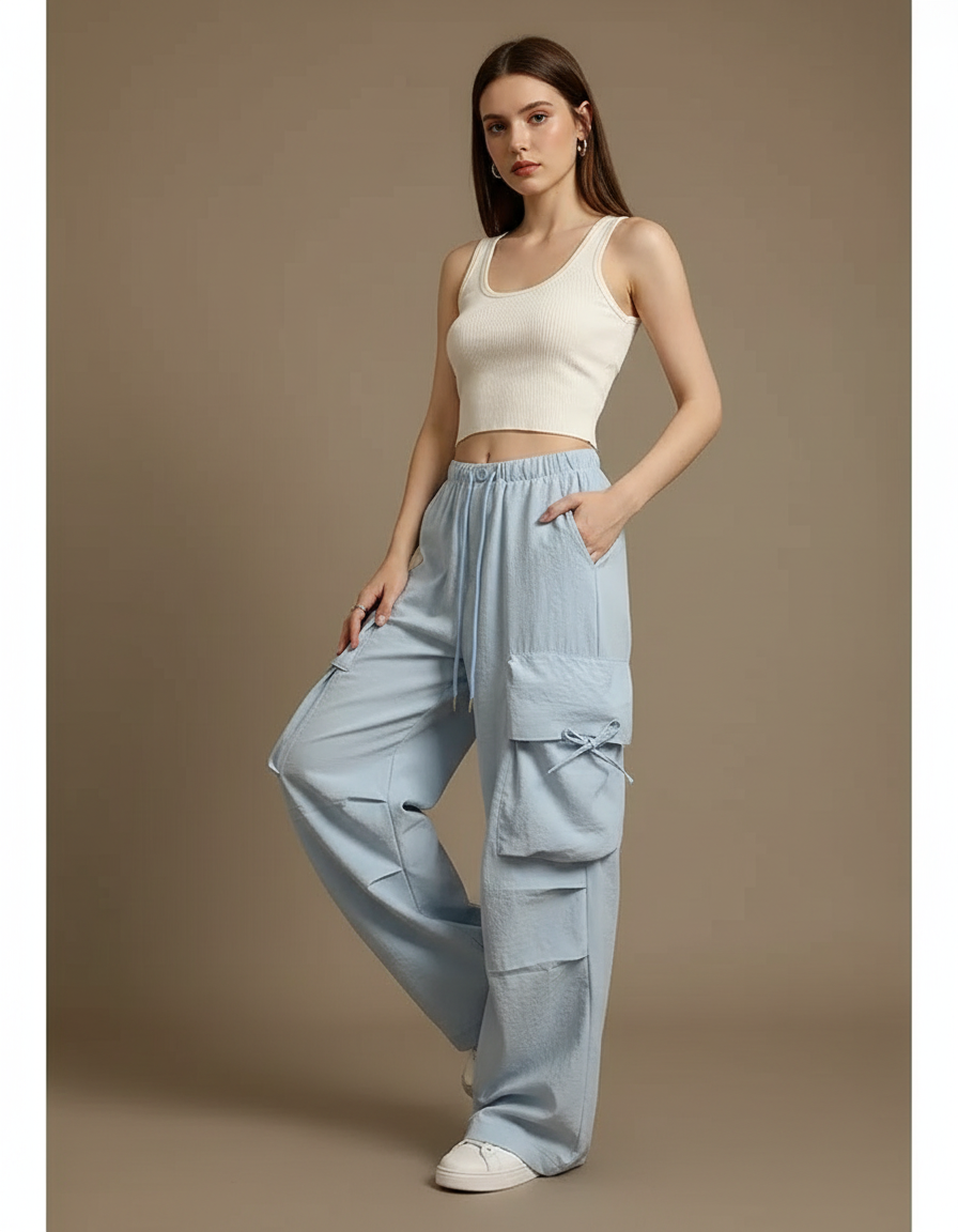 Pantalon Parachute Bleu Clair Cargo Ample Décontracté - Coton