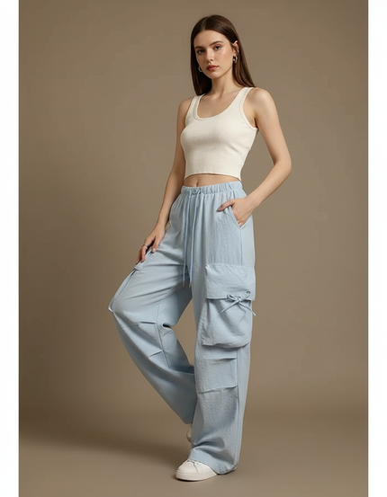 Pantalon Parachute Bleu Clair Cargo Ample Décontracté - Coton