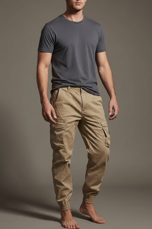 Pantalon Parachute Kaki Cargo Homme Multipoches Cordon - Toile