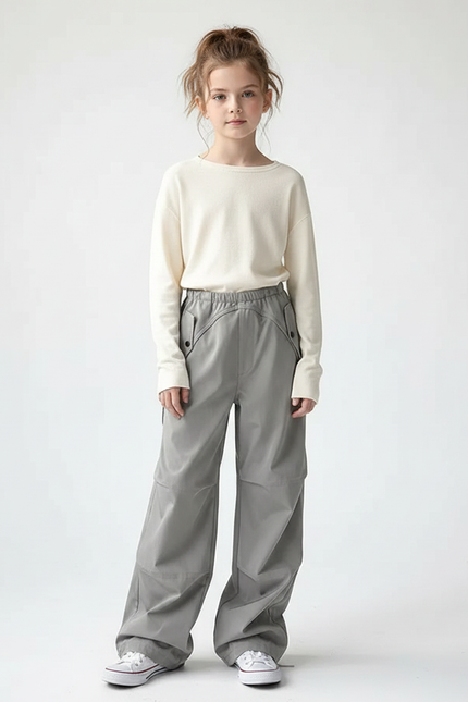 Pantalon Parachute Fille Gris Baggy Nylon - Polyester