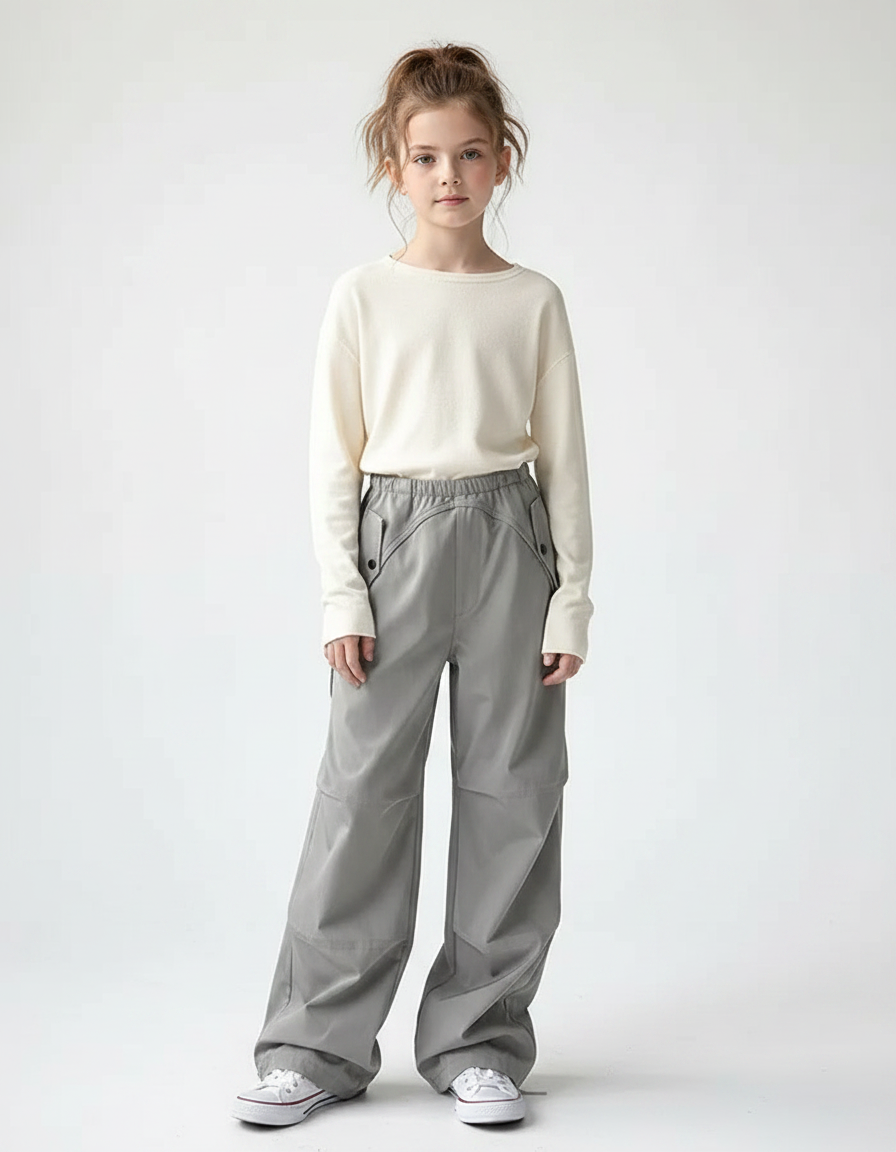 Pantalon Parachute Fille Gris Baggy Nylon - Polyester