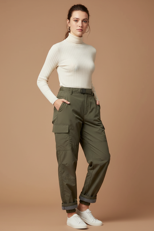 Pantalon Parachute Kaki Cargo Ample Femme Ceinture - Polyester