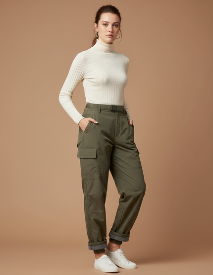 Pantalon Parachute Kaki Cargo Ample Femme Ceinture - Polyester