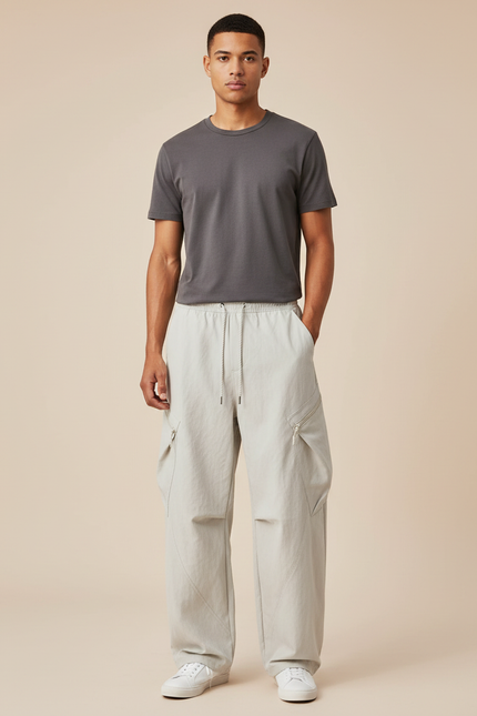 Pantalon Parachute Gris Clair Ample Cargo Léger Décontracté - Polyester