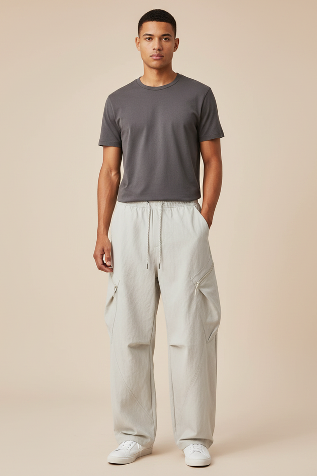 Pantalon Parachute Gris Clair Ample Cargo Léger Décontracté - Polyester