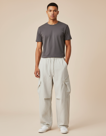 Pantalon Parachute Gris Clair Ample Cargo Léger Décontracté - Polyester