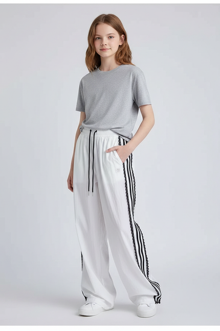 Pantalon Parachute Blanc Large Rayures Noires Fille - Polyester
