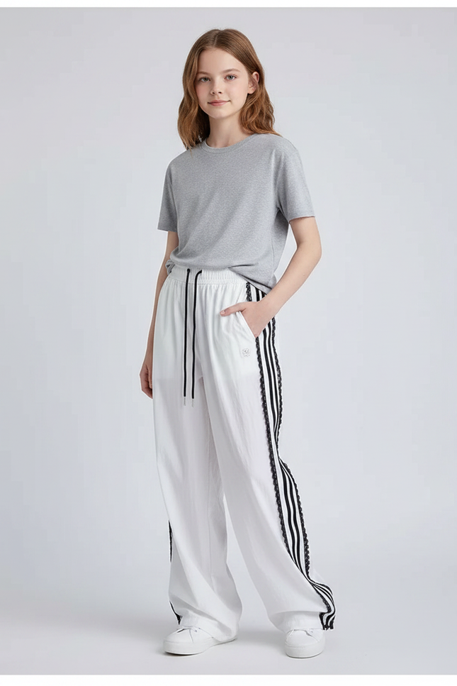 Pantalon Parachute Blanc Large Rayures Noires Fille - Polyester