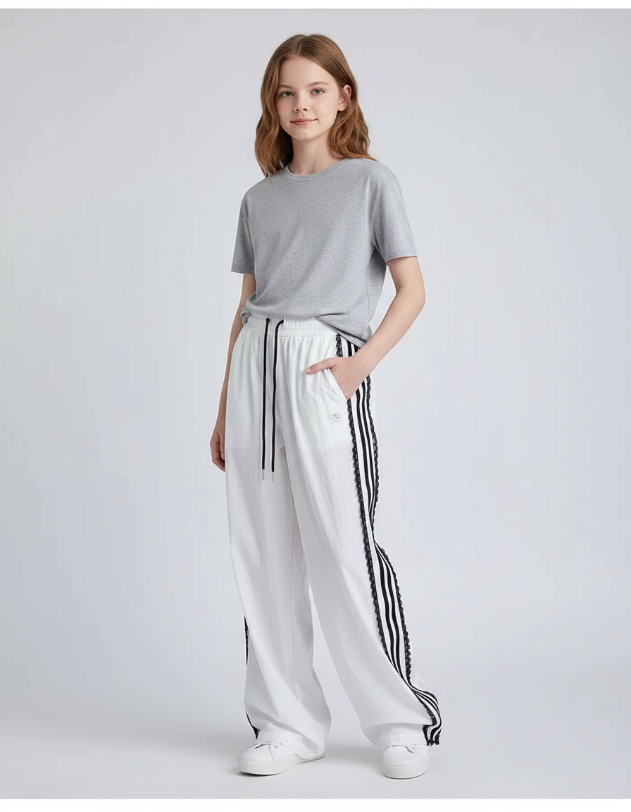 Pantalon Parachute Blanc Large Rayures Noires Fille - Polyester