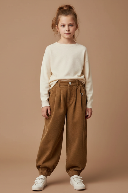 Pantalon Parachute Côtelé Marron Ample Fille Décontracté - Cordé