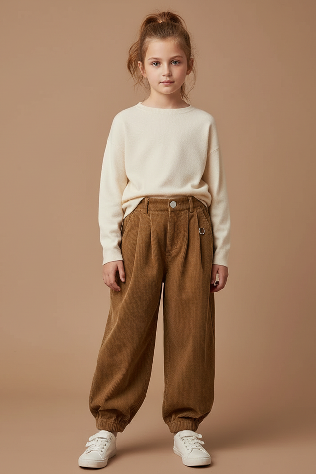 Pantalon Parachute Côtelé Marron Ample Fille Décontracté - Cordé