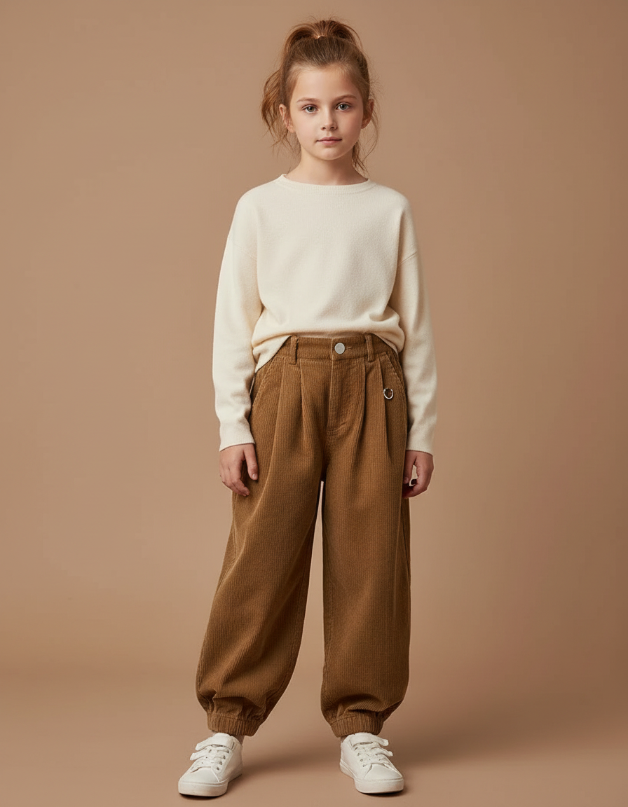 Pantalon Parachute Côtelé Marron Ample Fille Décontracté - Cordé