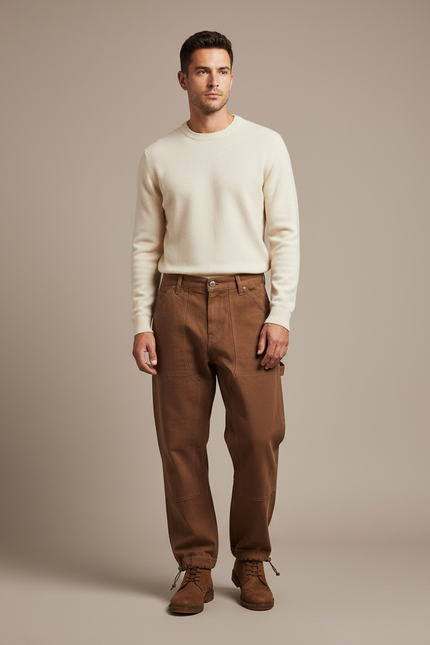 Pantalon Parachute Marron Coton Ample Homme Décontracté