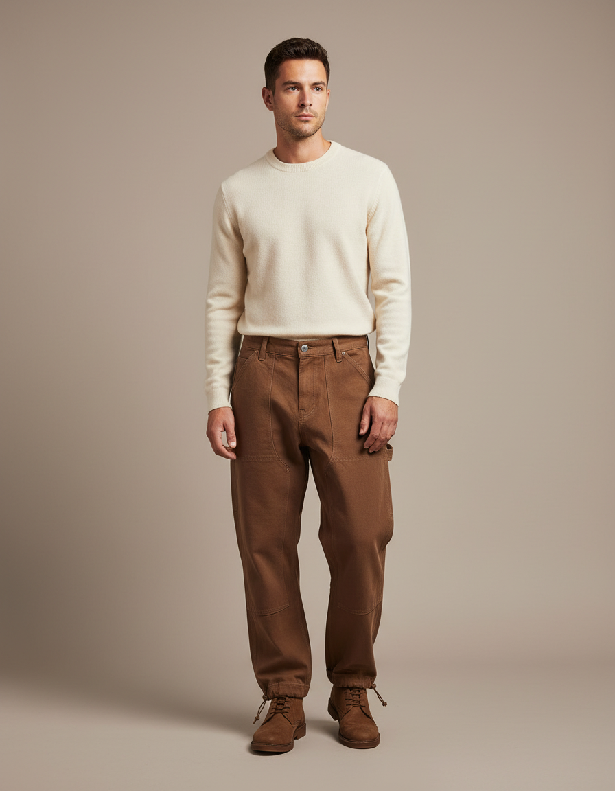 Pantalon Parachute Marron Coton Ample Homme Décontracté