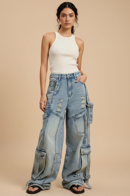 Pantalon Parachute Jean Ample Délavé Multipoches Déchiré - Bleu
