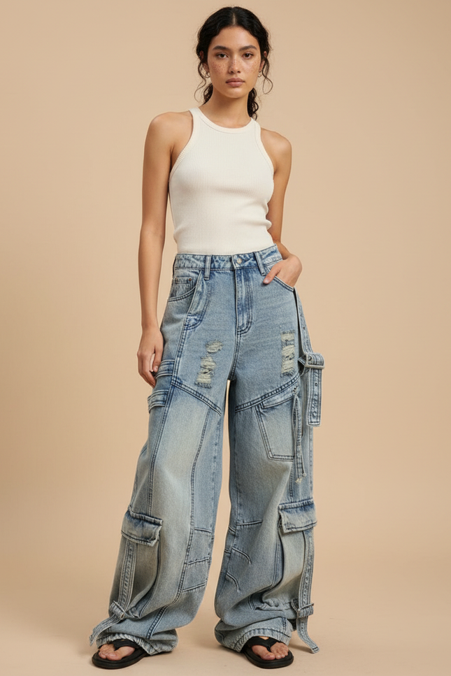 Pantalon Parachute Jean Ample Délavé Multipoches Déchiré - Bleu