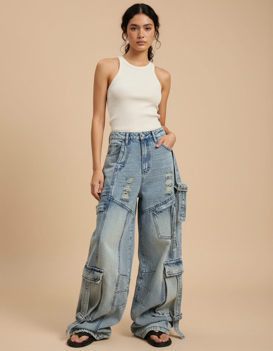 Pantalon Parachute Jean Ample Délavé Multipoches Déchiré - Bleu
