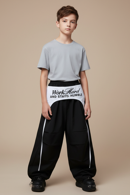 Pantalon Parachute Noir Ample Streetwear Bicolore Enfant - Polyester