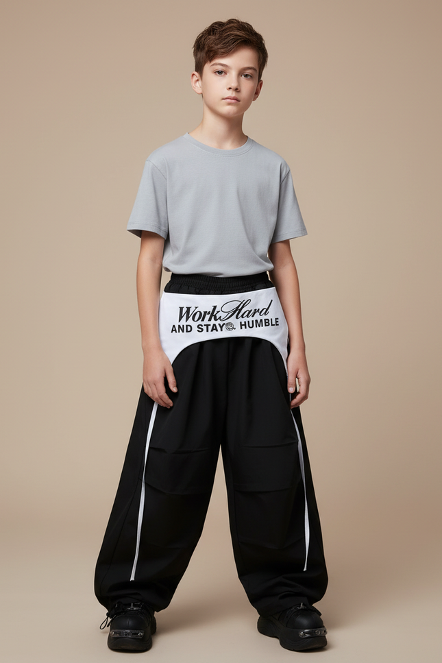 Pantalon Parachute Noir Ample Streetwear Bicolore Enfant - Polyester