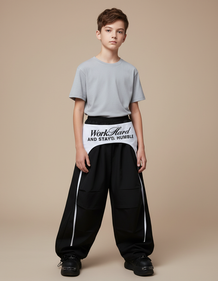 Pantalon Parachute Noir Ample Streetwear Bicolore Enfant - Polyester