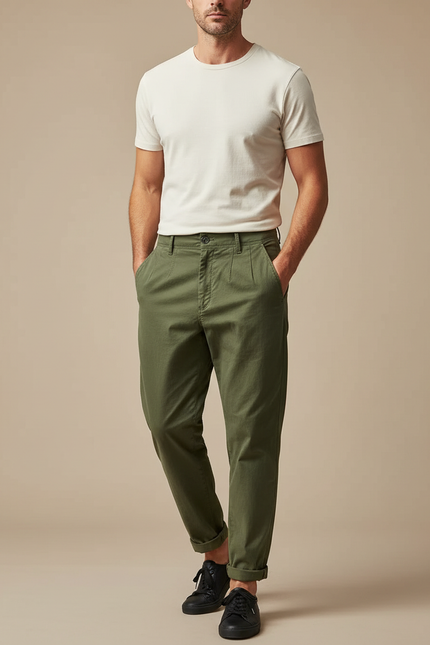 Pantalon Parachute Vert Coton Ample Décontracté Homme - Kaki