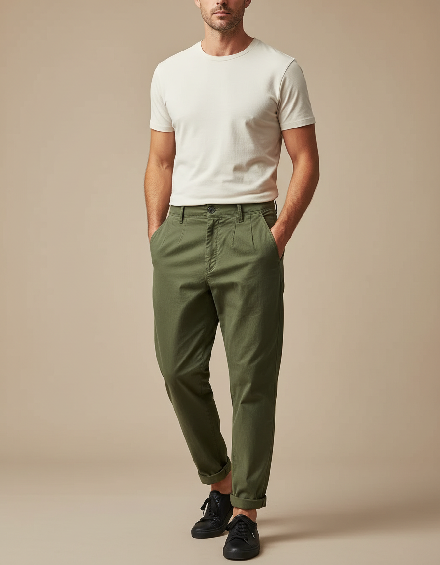 Pantalon Parachute Vert Coton Ample Décontracté Homme - Kaki