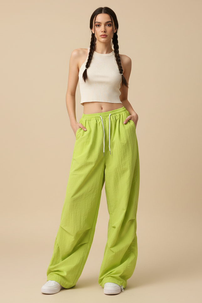 Pantalon Parachute Vert Citron Ample Fluide Cordon - Polyester