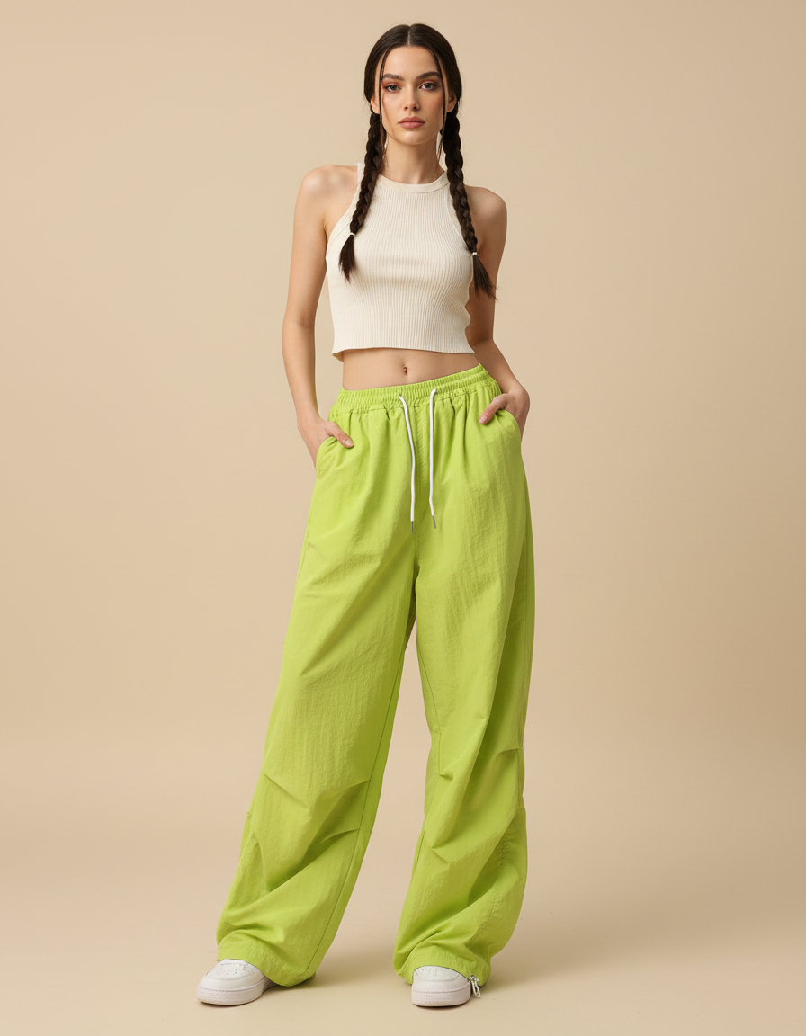 Pantalon Parachute Vert Citron Ample Fluide Cordon - Polyester