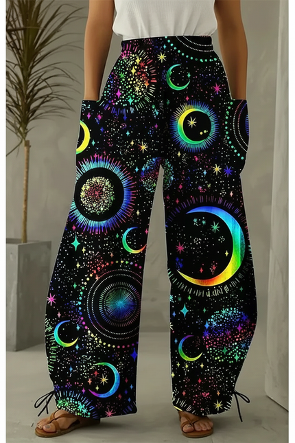 Pantalon Parachute Noir Ample Imprimé Lune Étoiles Femme - Polyester