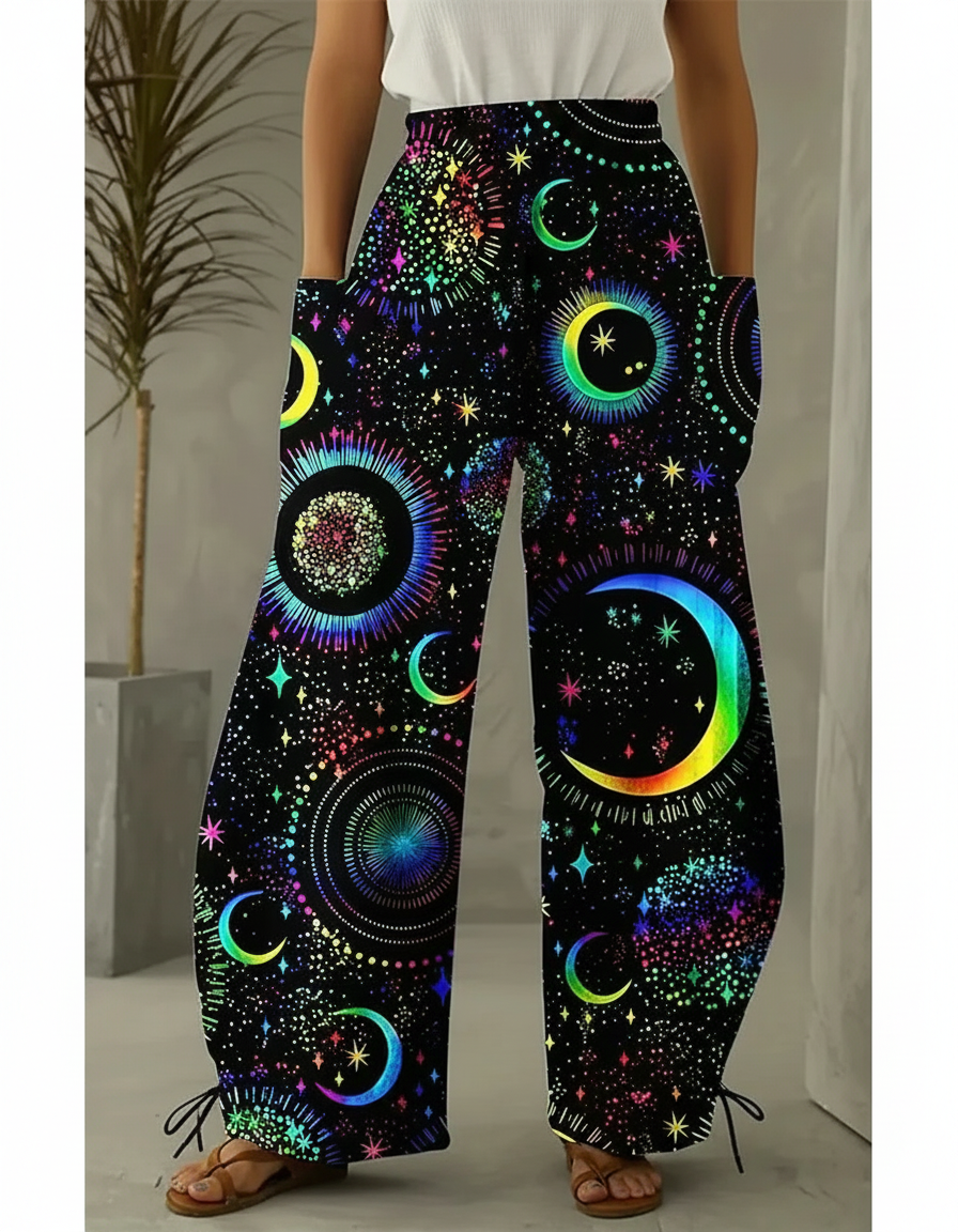 Pantalon Parachute Noir Ample Imprimé Lune Étoiles Femme - Polyester