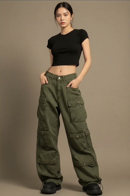 Pantalon Parachute Vert Militaire Cargo Ample Multi-poches - Kaki Toile