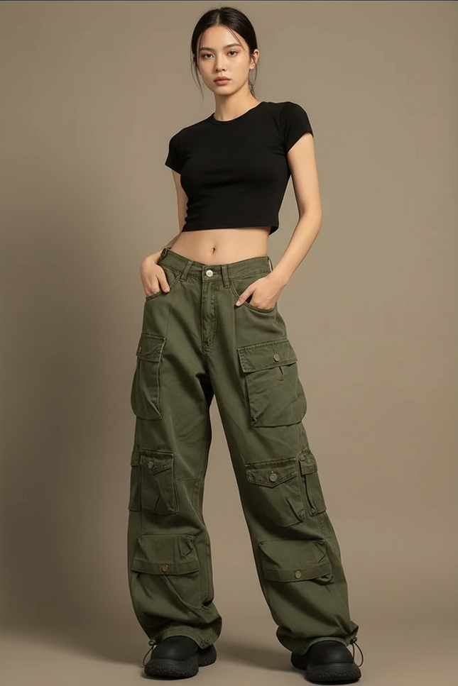 Pantalon Parachute Vert Militaire Cargo Ample Multi-poches - Kaki Toile