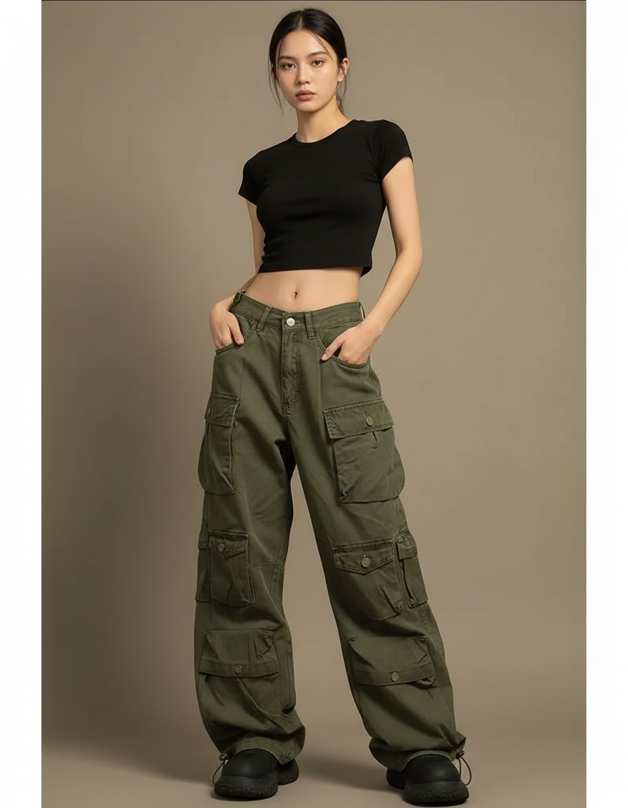 Pantalon Parachute Vert Militaire Cargo Ample Multi-poches - Kaki Toile