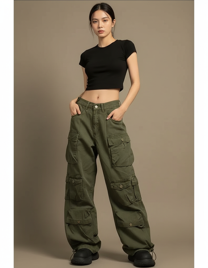 Pantalon Parachute Vert Militaire Cargo Ample Multi-poches - Kaki Toile