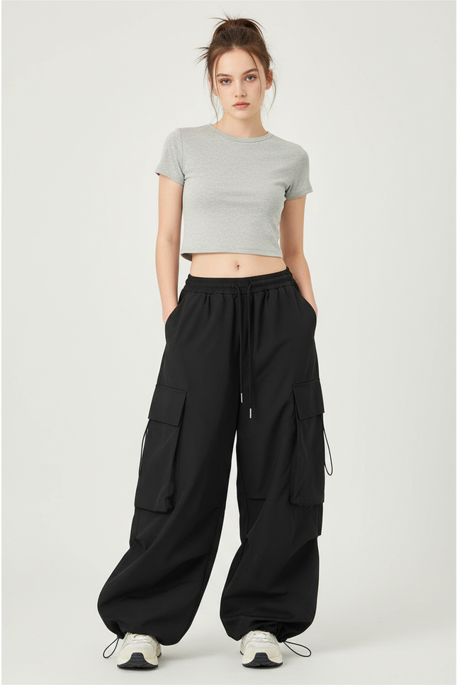 Pantalon Parachute Noir Ample Cargo Coton Femme - Polyester