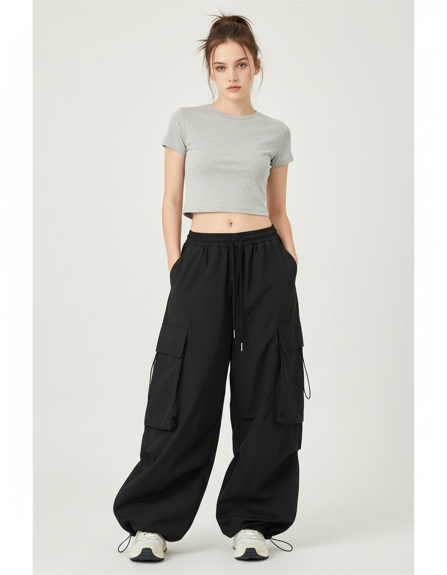 Pantalon Parachute Noir Ample Cargo Coton Femme - Polyester