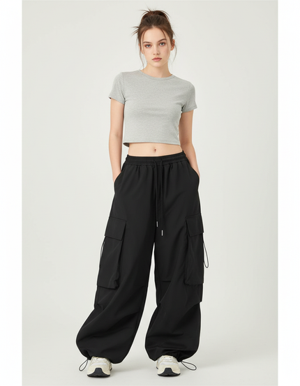Pantalon Parachute Noir Ample Cargo Coton Femme - Polyester