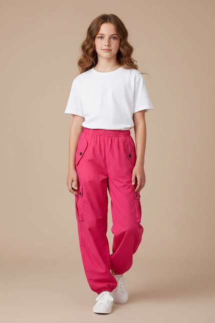 Pantalon Parachute Rose Vif Cargo Ample Confortable Femme - Polyester