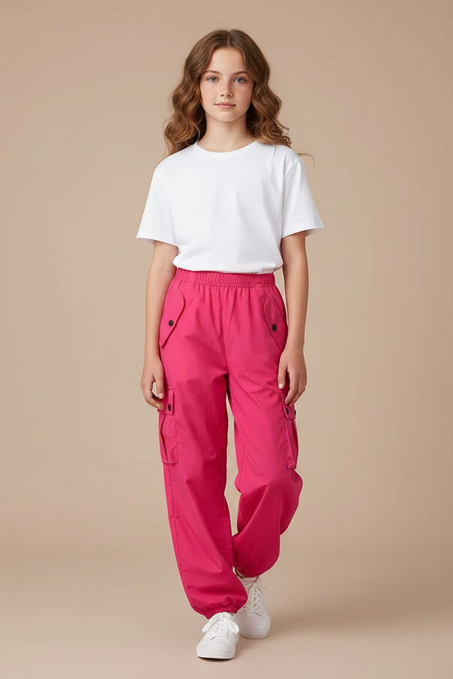 Pantalon Parachute Rose Vif Cargo Ample Confortable Femme - Polyester